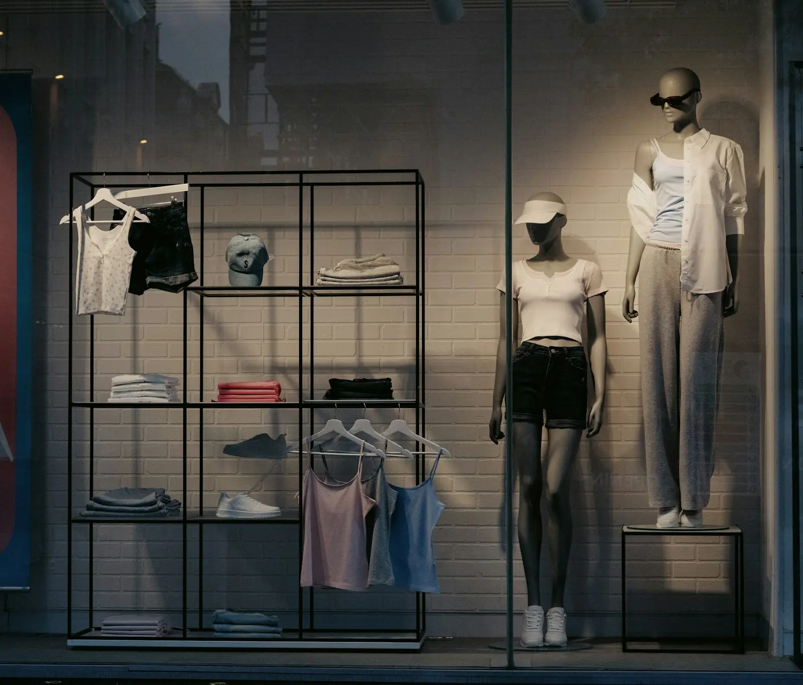 Boutique display with mannequins and folded tops